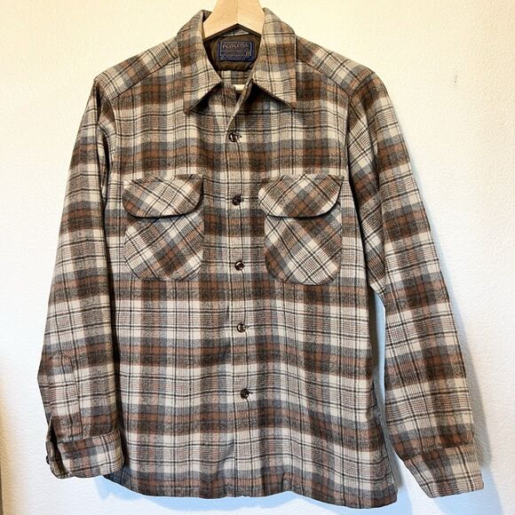 Vintage Pendleton Board Shirt Size M Virgin Wool Brown Tan Plaid US Made 60s 70s - Picture 1 of 13